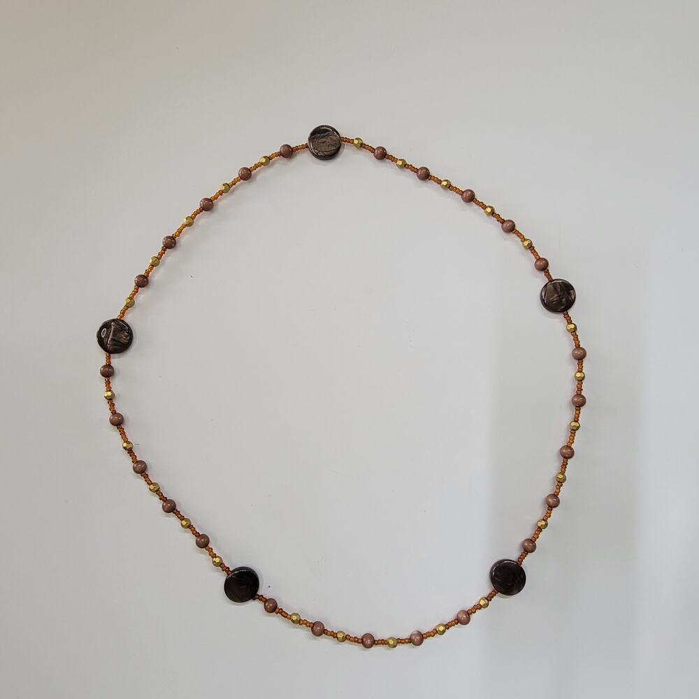 Brown and Gold Beaded Necklace with Round Accents Boho Earthy Seed Bead Jewelry